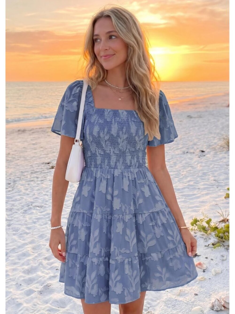〽️Women Dusty Blue Casual Short Sleeve Square Neck Summer Boho Floral Mini Dress